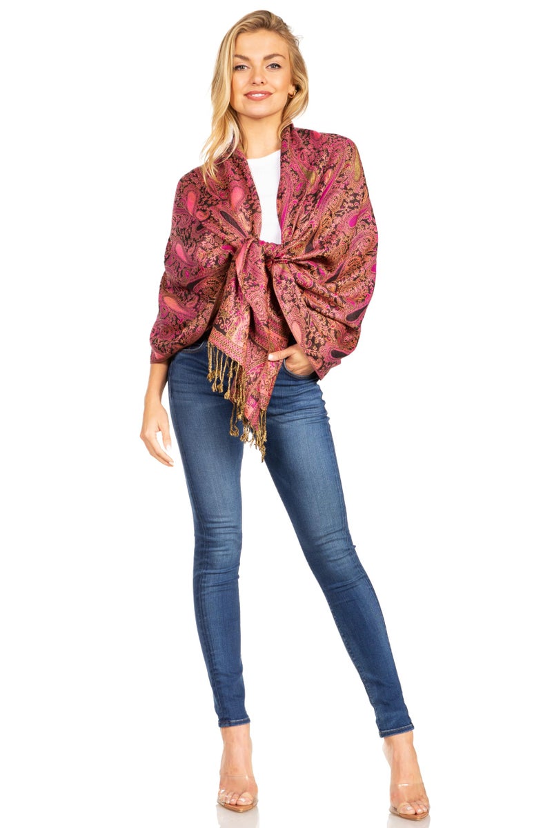 Sakkas Kalin Long Wide Paisley Design Woven Pashmina Shawl Scarf Wrap Stole - Pink/Black - OS - Image 5